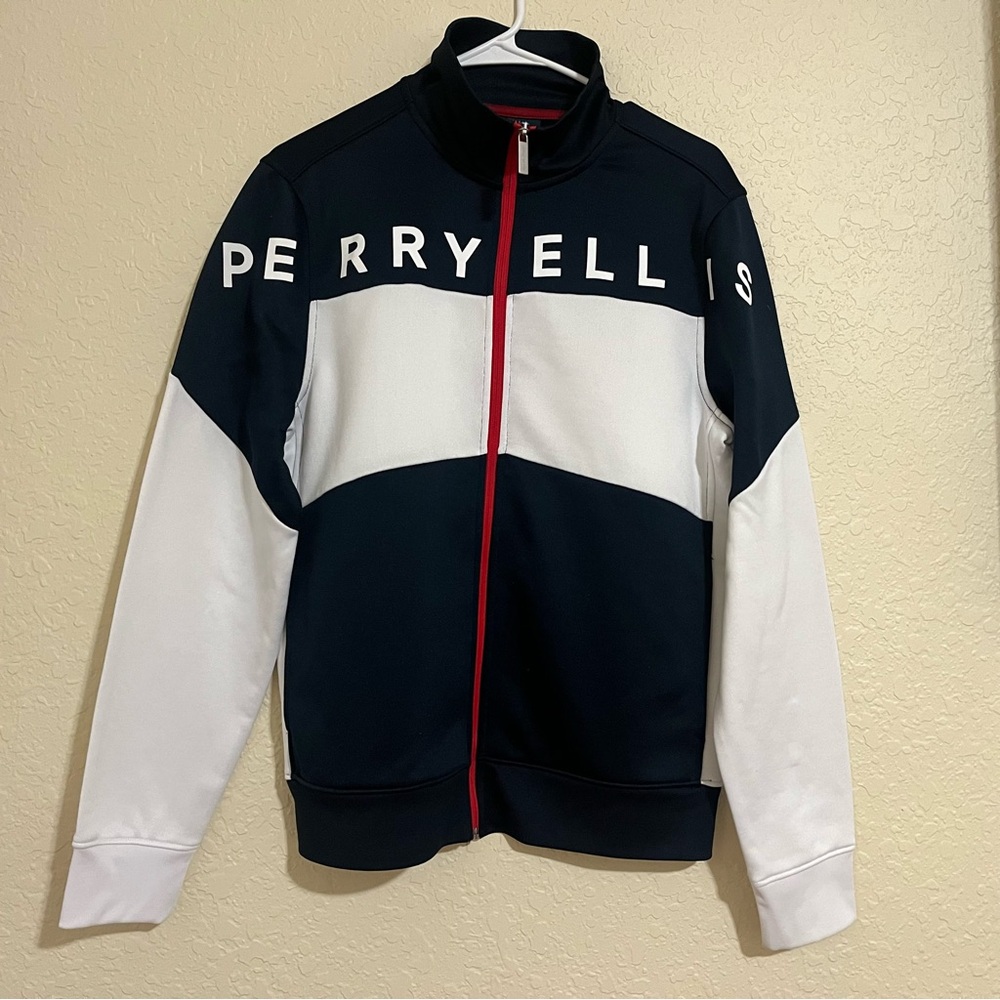 Perry Ellis Men’s White and Navy Blue Track Jacket Size S
